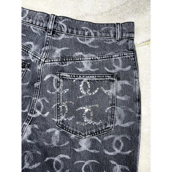Chanel 23B Runway Black Denim White CC Printed Logo Baggy Oversized Jeans 36 - Picture 10 of 11